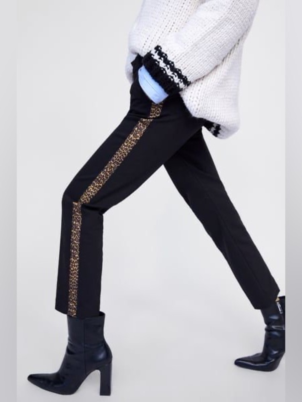 Zara Basic Black Tailored Pants with Bold Leopard Print Side Stripes Size Large